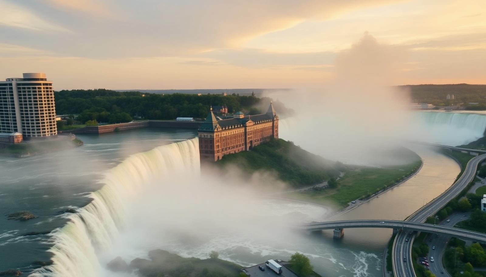 Aerial drone photograph of landmarks and property in Niagara Falls, Ontario, from above