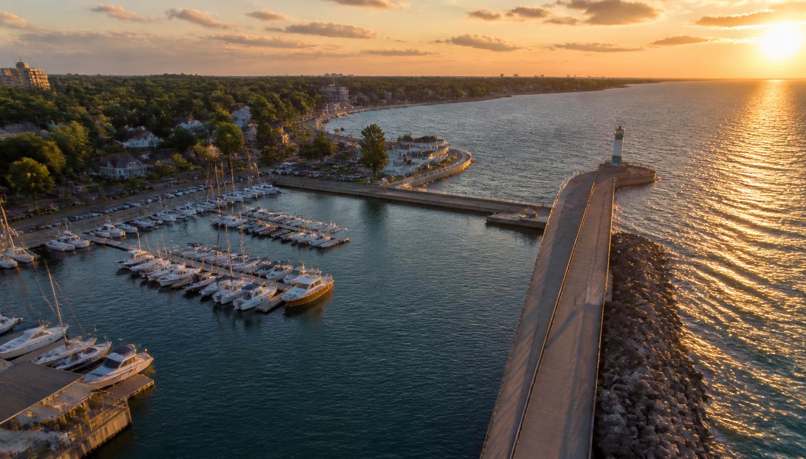 Aerial drone photograph of landmarks and property in St. Catharines, Ontario, from above