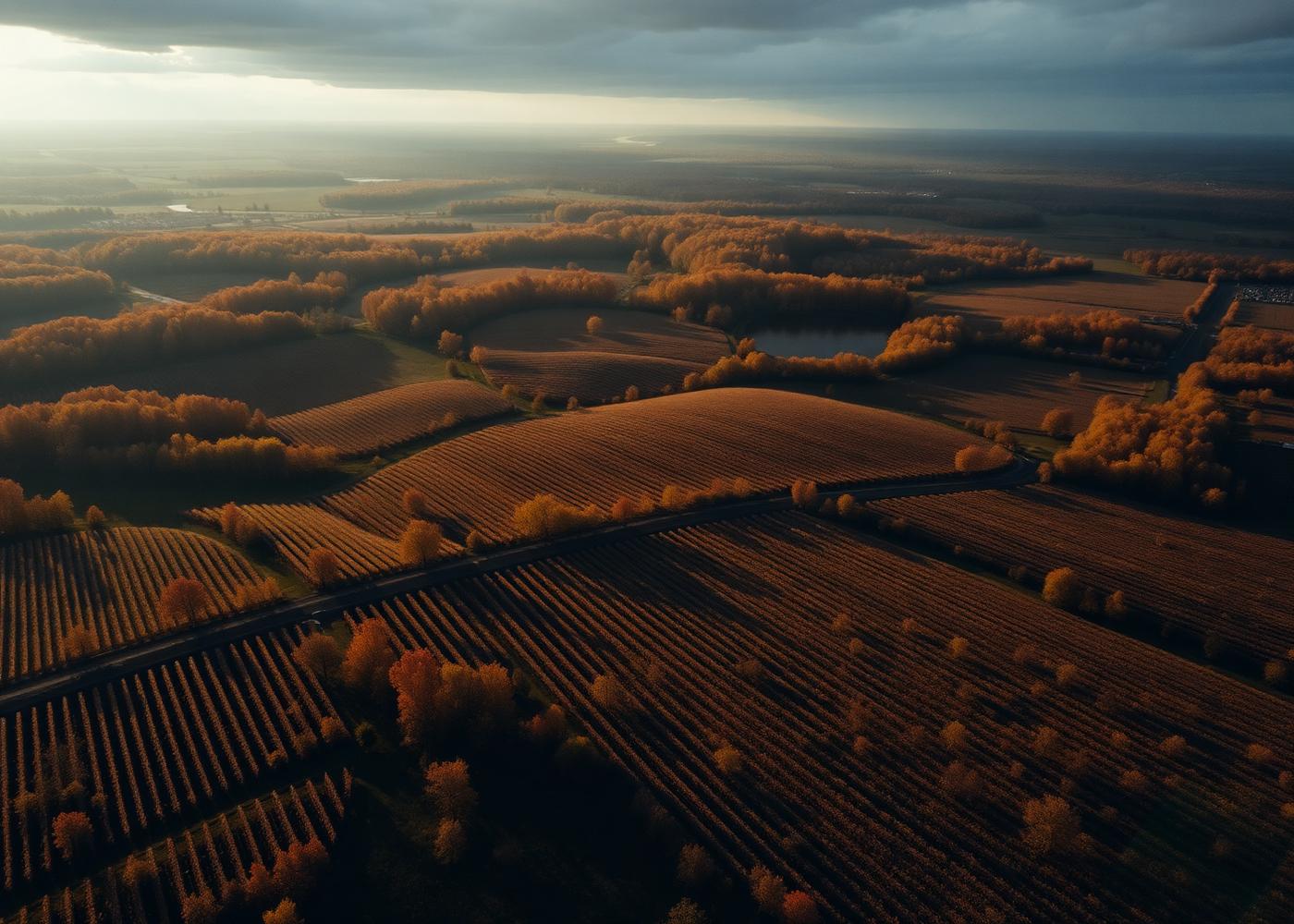 Aerial photo of vineyard rows and a winery estate in Beamsville, Ontario