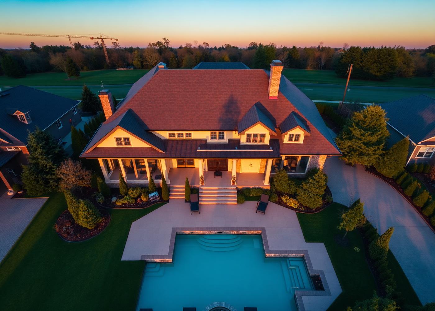 Aerial real estate photo of a modern Niagara home and pool at golden hour