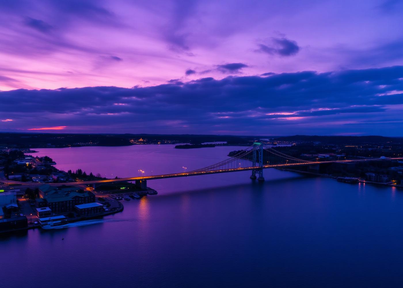 Aerial view of the Burlington lift bridge and Lake Ontario shoreline at twilight