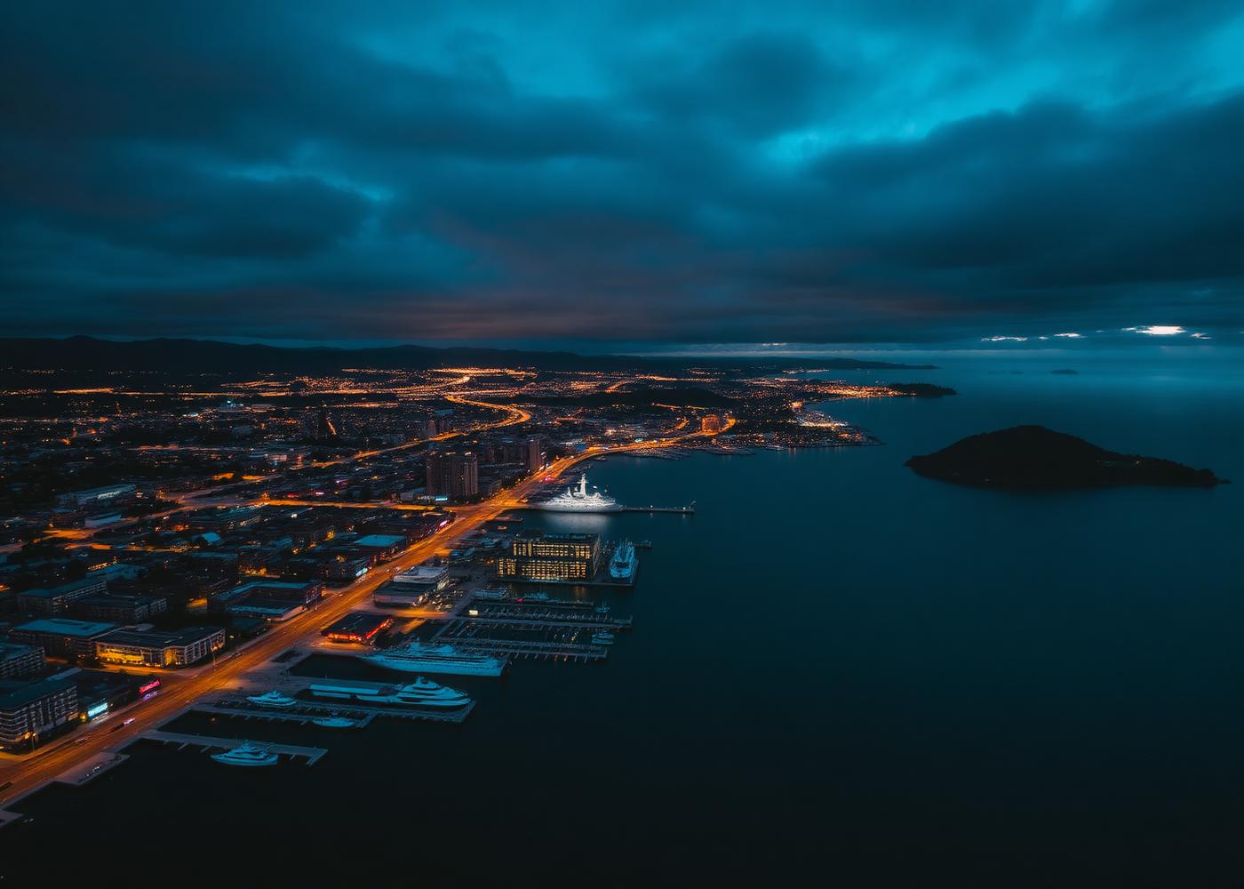 Aerial view of Hamilton harbour and city lights at twilight from above