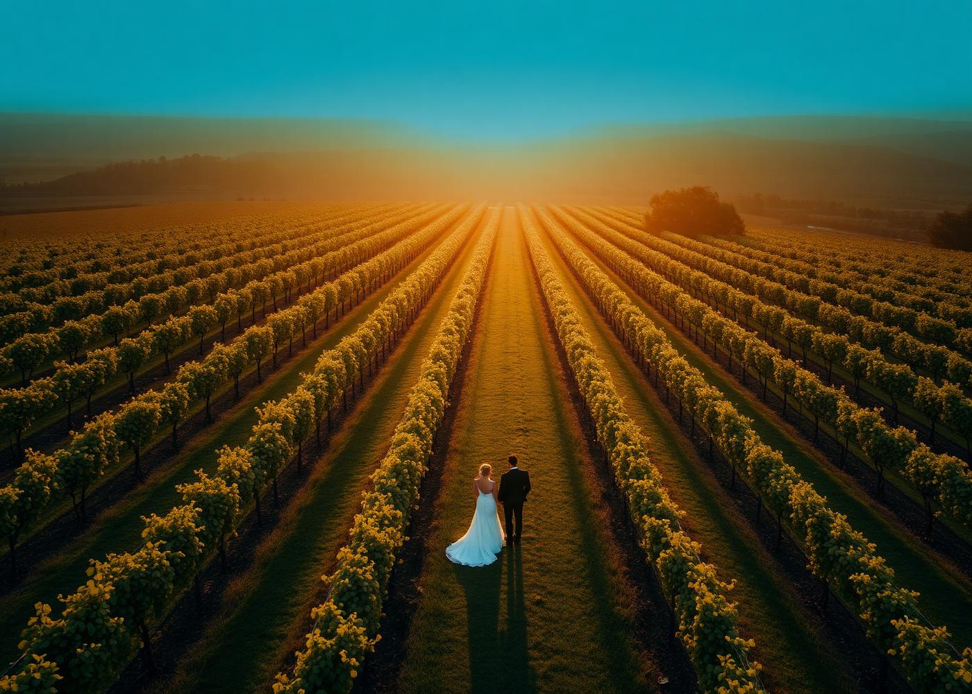 Aerial photo of a wedding couple among vineyard rows in Niagara-on-the-Lake