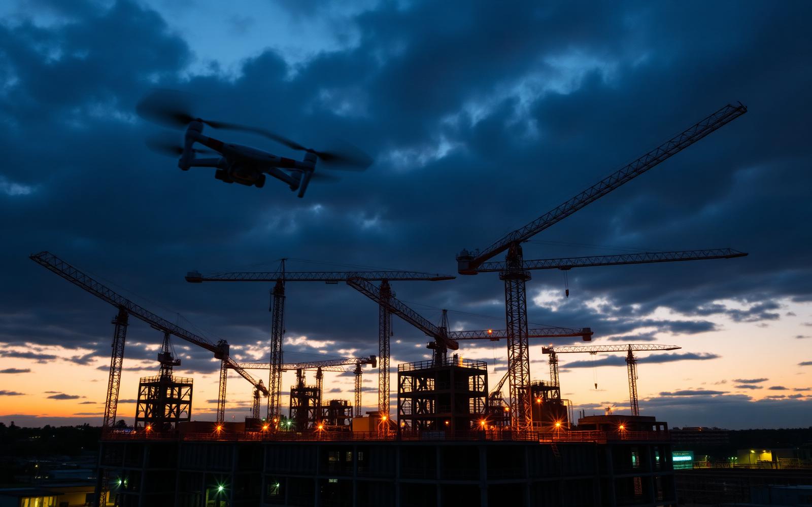 Aerial photo of tower cranes over an active construction site in Hamilton at dusk