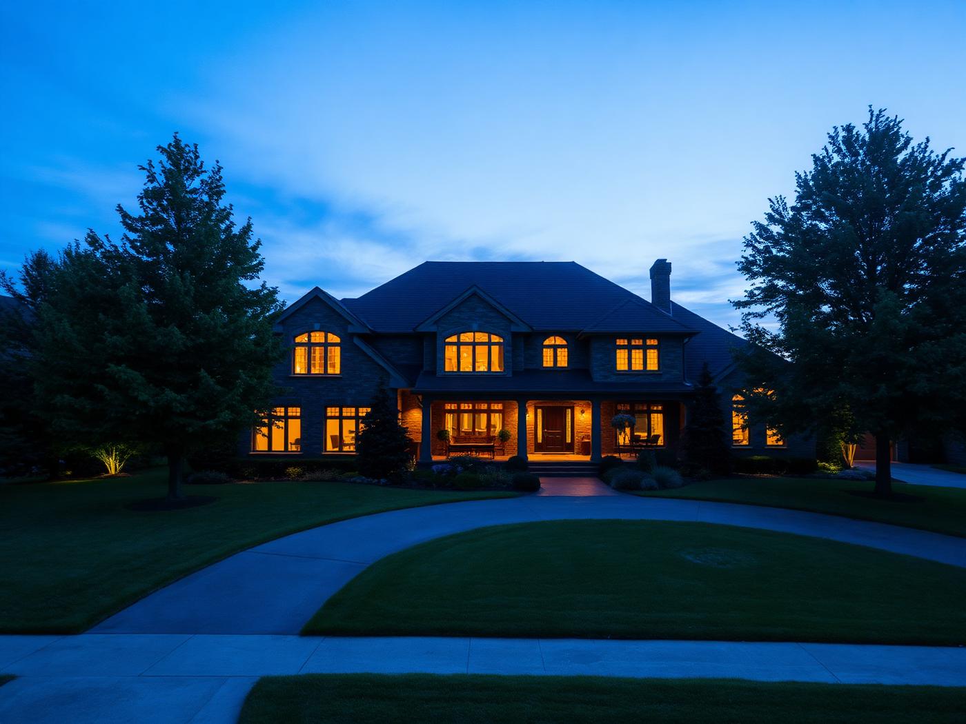 Twilight aerial real estate photograph of a home in St. Catharines