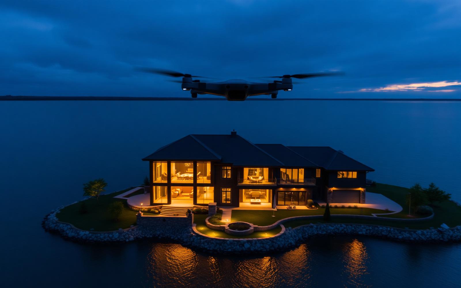 Twilight drone photo of a lit lakefront home and driveway in St. Catharines, Ontario