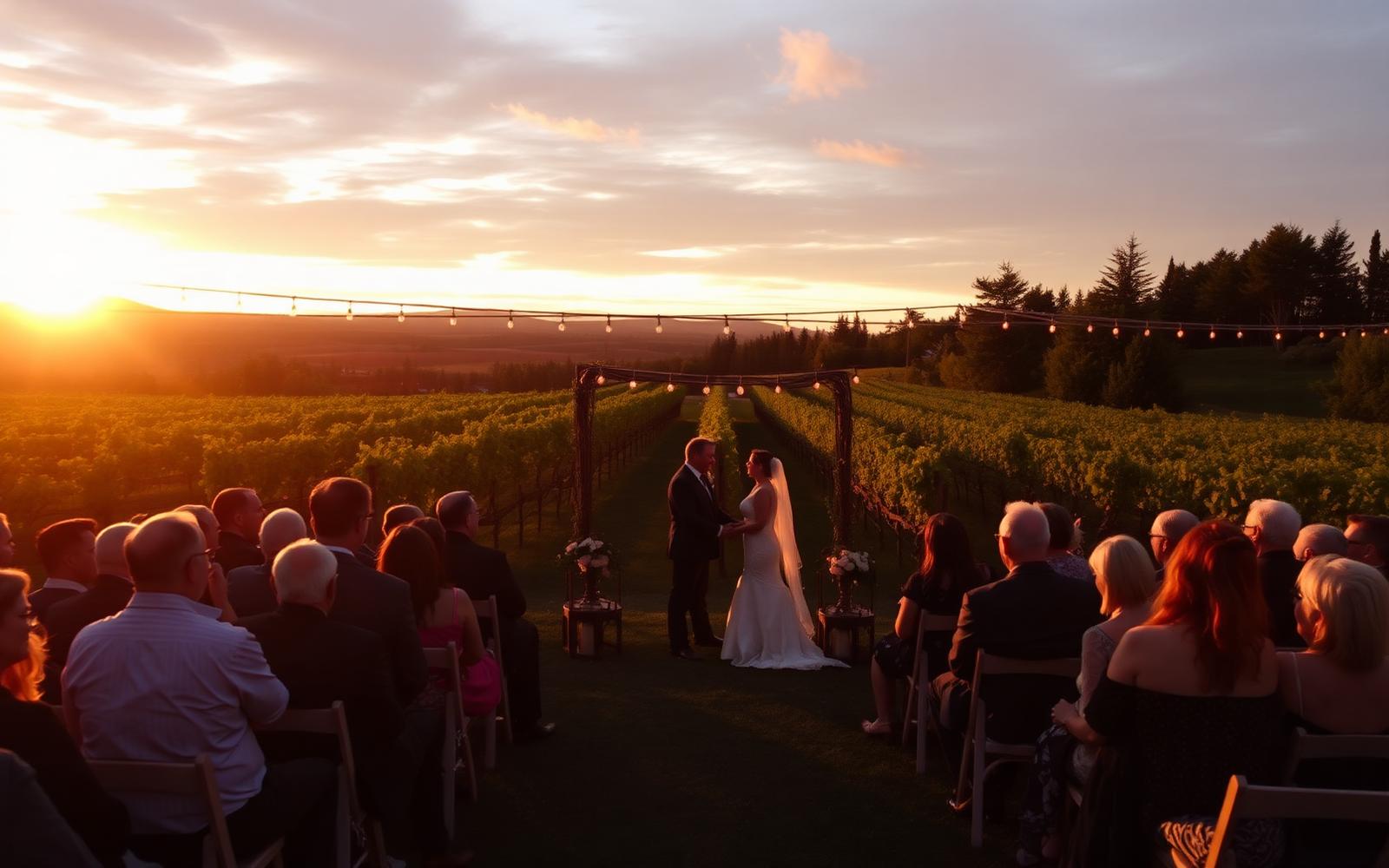 Aerial photo of a vineyard wedding ceremony at a Niagara-on-the-Lake winery at sunset
